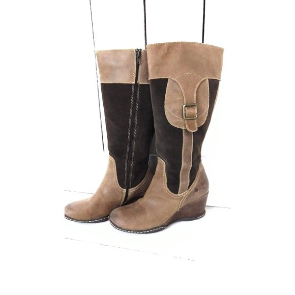 Brown tall suede leather wedge boots - Picture 4 of 9